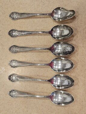 RARE 6 ANTIQUE BEADED FLORAL BIRMINGHAM STERLING SILVER SPOON HALLMARK